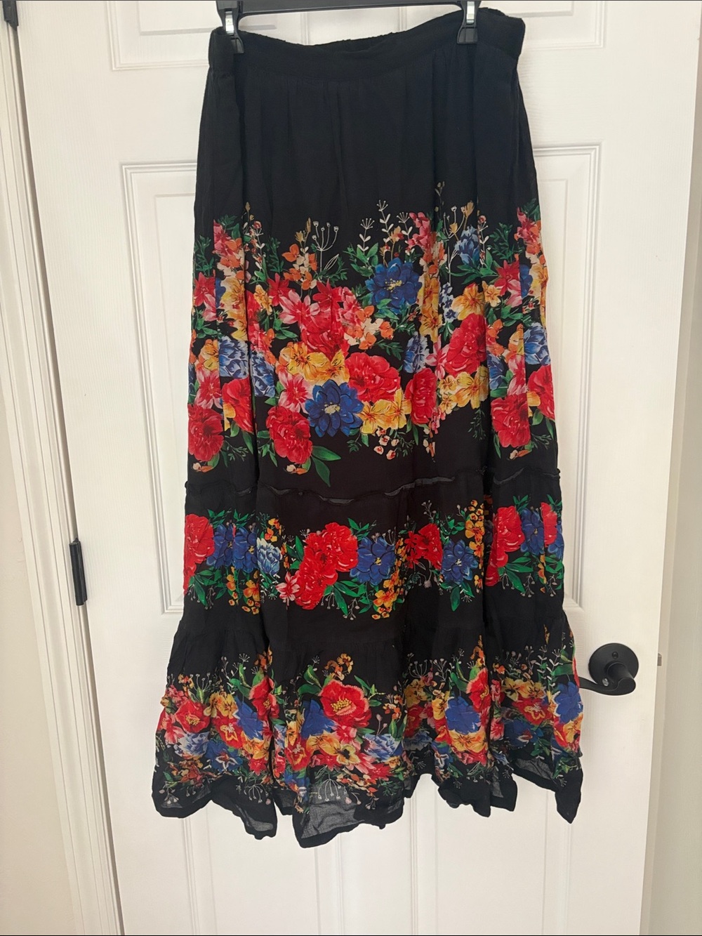 NATURAL LIFE Black Maxi Skirt with Red, Blue, Yellow & Green Floral Border
